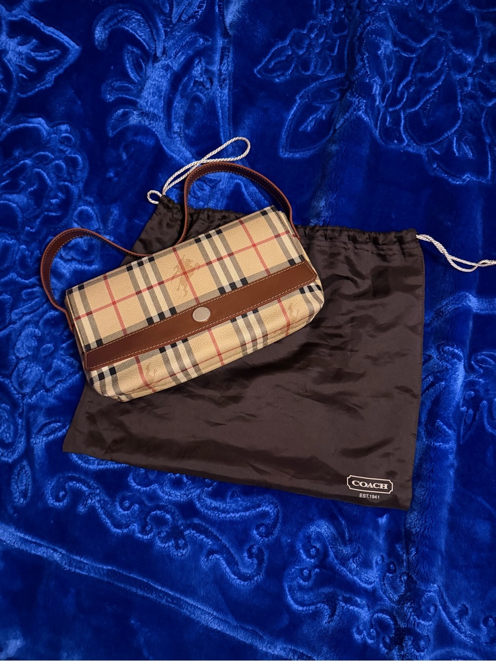 Coach Plaid Shoulder Bag in Tan and Brown with Red Accents